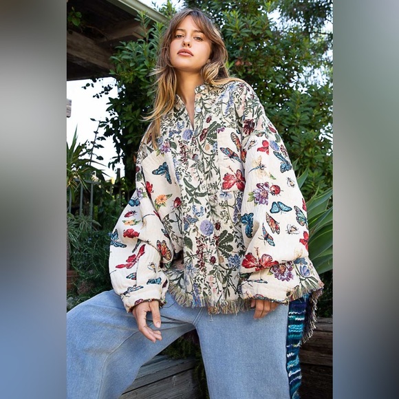 100.POL multicolor jacket Shacket Oversized Butterfly Floral Jacquard - Picture 3 of 7
